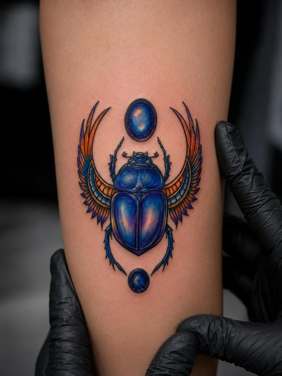 Blauer Skarabäus mit Flügeln – Tattoo-Foto