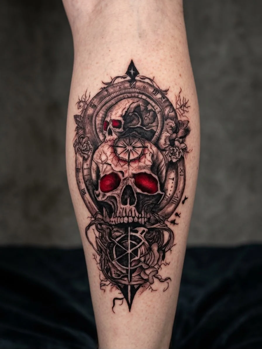Totenkopf mit Kompass und roten Akzenten – Tattoo-Foto
